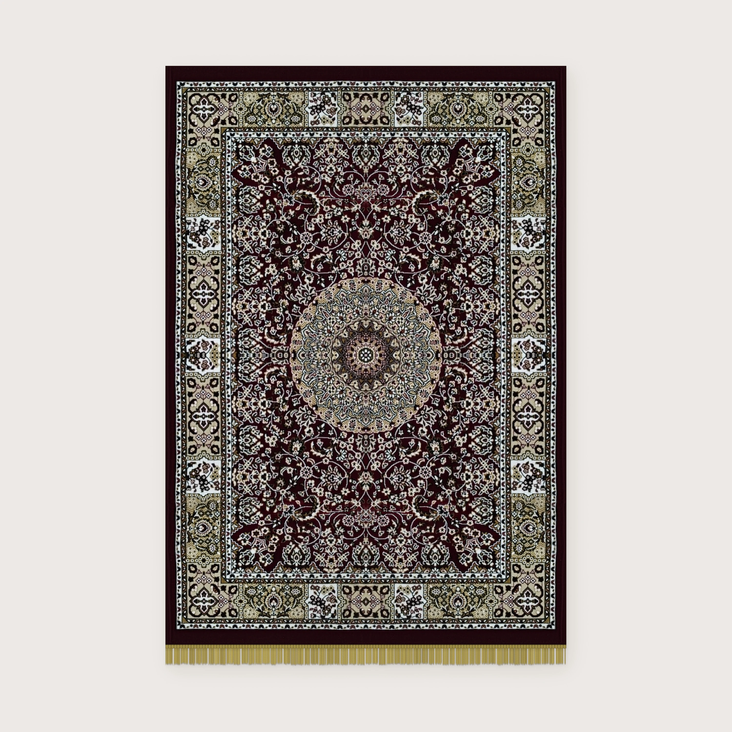 The Madder Medallion: deep maroon with a round ivory and grey-blue medallion and an ivory and gold border, shown on a pale wall.