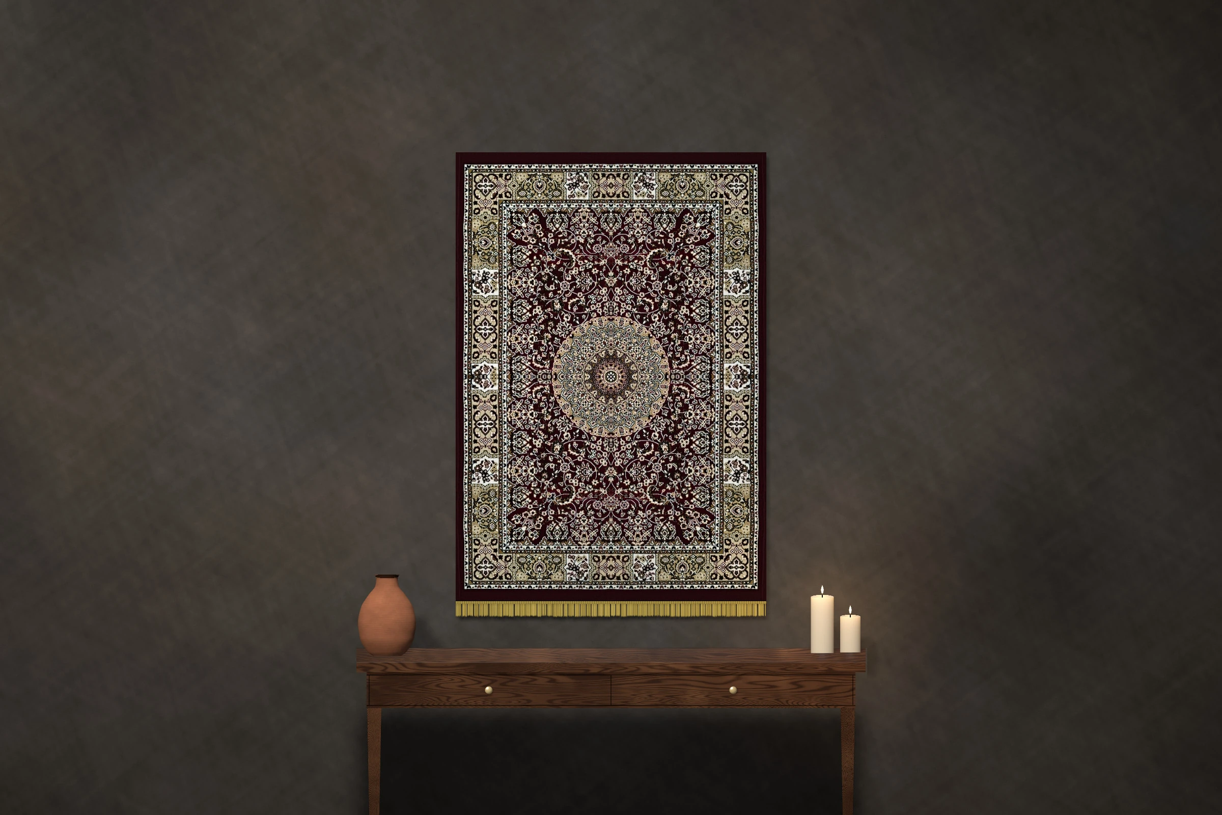 The Madder Medallion: deep maroon with a round ivory and grey-blue medallion and an ivory and gold border, hung above a walnut console with a clay vessel and candles, on a dark plaster wall.