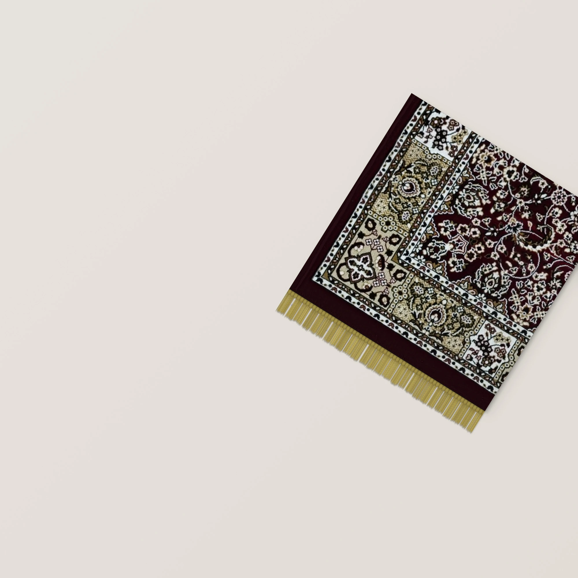 The Madder Medallion: deep maroon with a round ivory and grey-blue medallion and an ivory and gold border, corner laid flat.