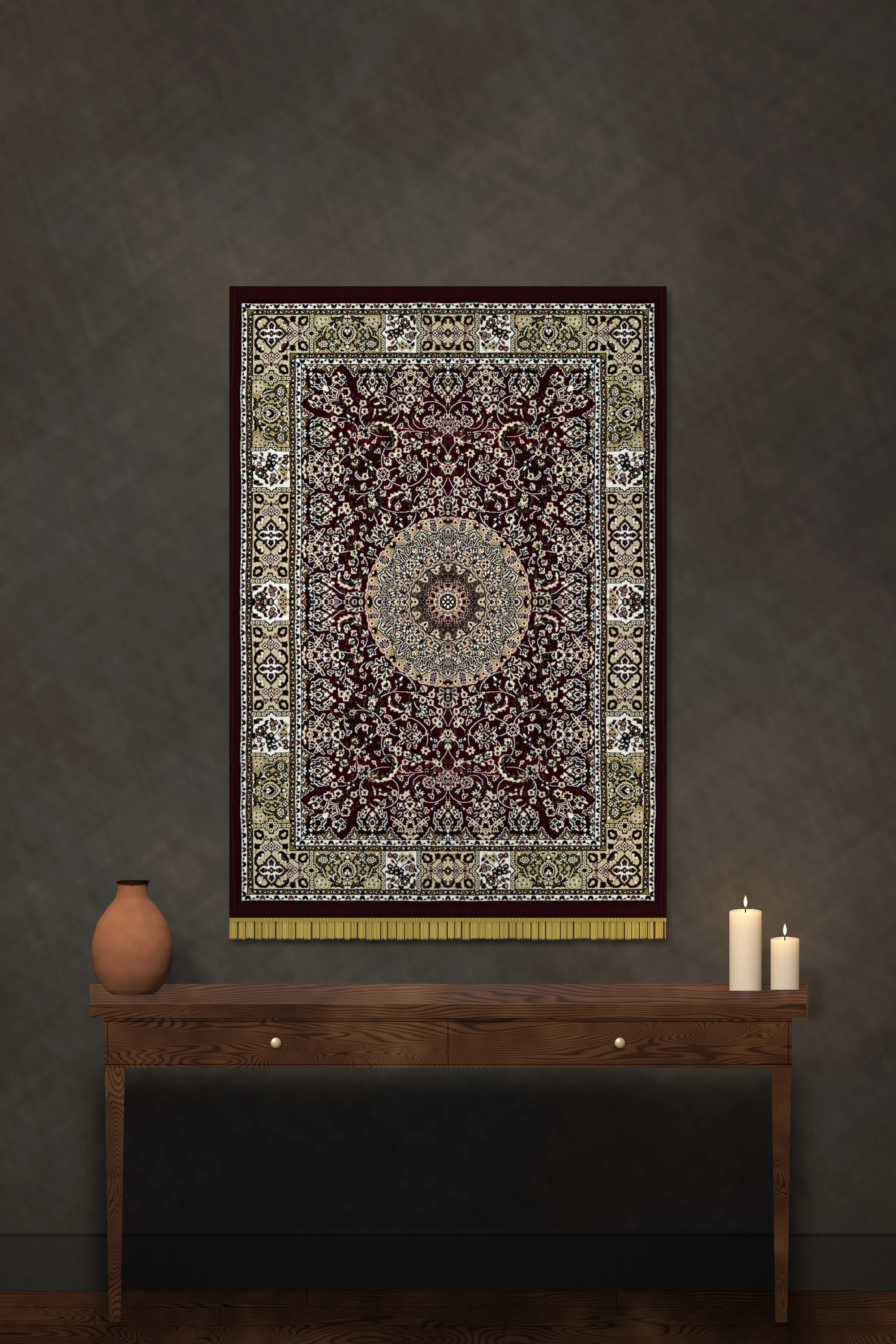 The Madder Medallion: deep maroon with a round ivory and grey-blue medallion and an ivory and gold border, hung above a console table, shown floor to ceiling for size.