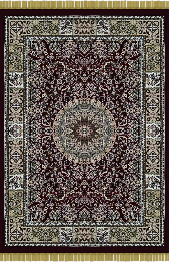 The Madder Medallion, deep maroon, ivory and grey-blue