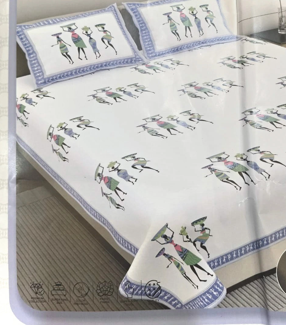 The Procession: rows of drawn figures carrying pots, in grey, green and black on white, on a made bed with matching pillowcases.