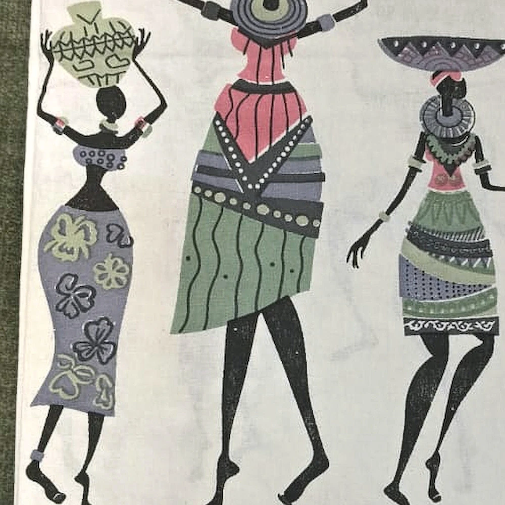 Close-up of The Procession: rows of drawn figures carrying pots, in grey, green and black on white.