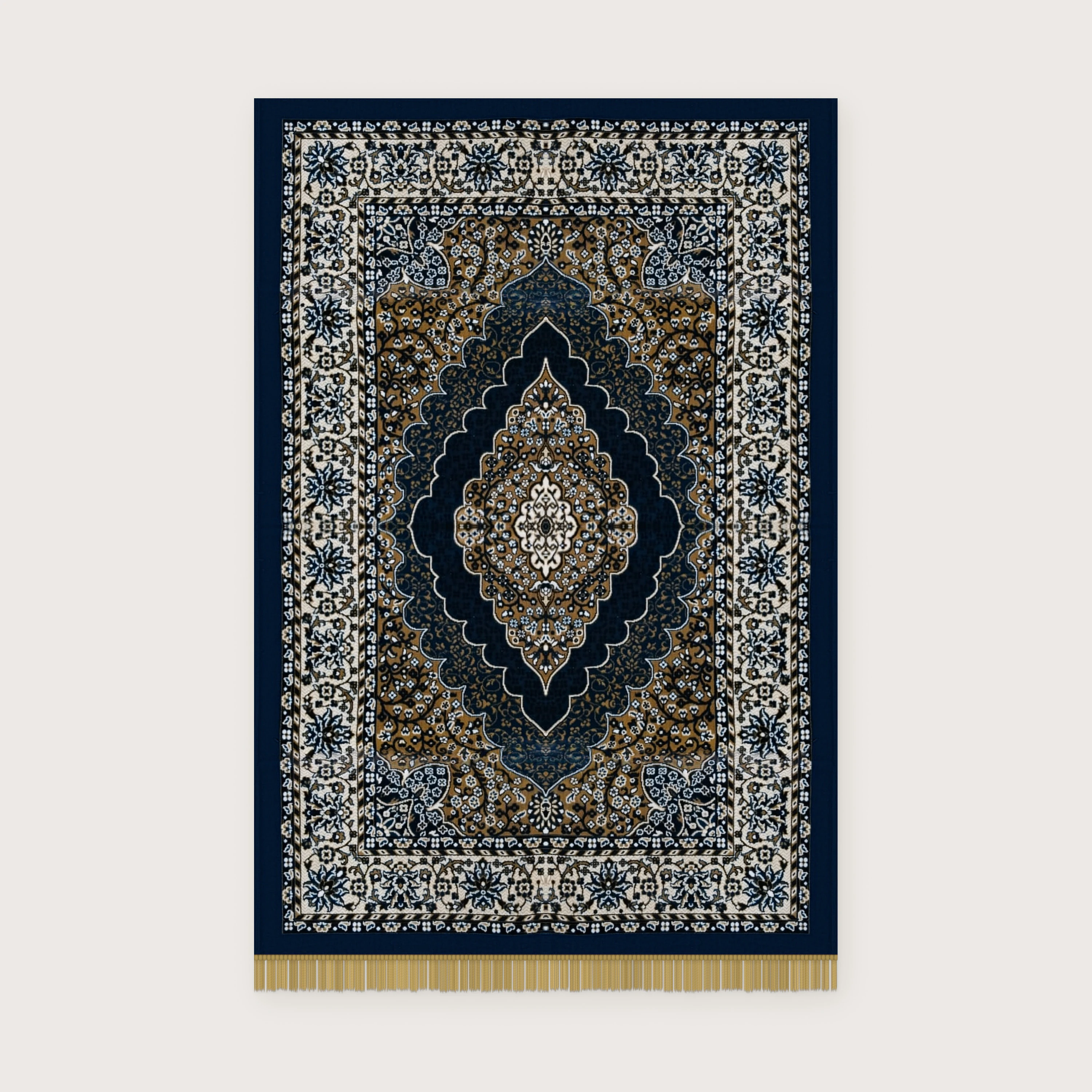 The Saffron Medallion: ochre field with a navy scalloped medallion, a cream border of blue flowers and a navy edge, shown on a pale wall.