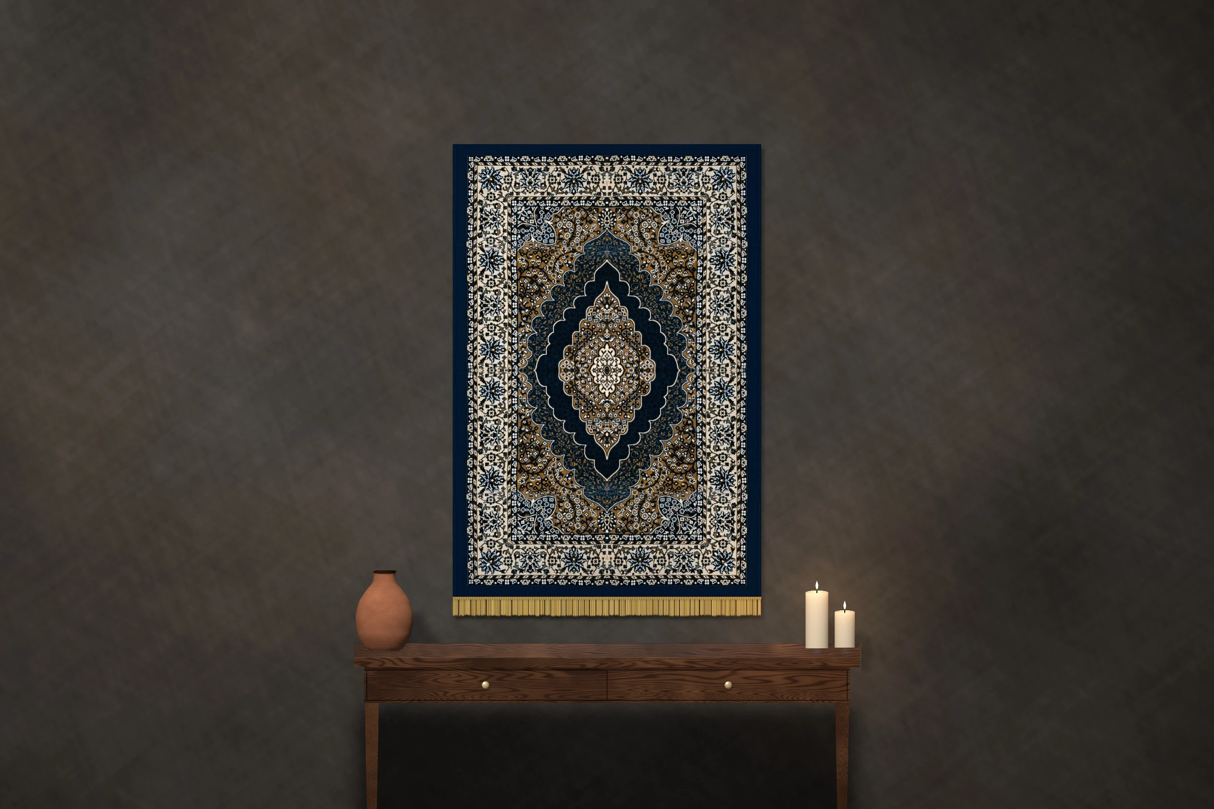 The Saffron Medallion: ochre field with a navy scalloped medallion, a cream border of blue flowers and a navy edge, hung above a walnut console with a clay vessel and candles, on a dark plaster wall.