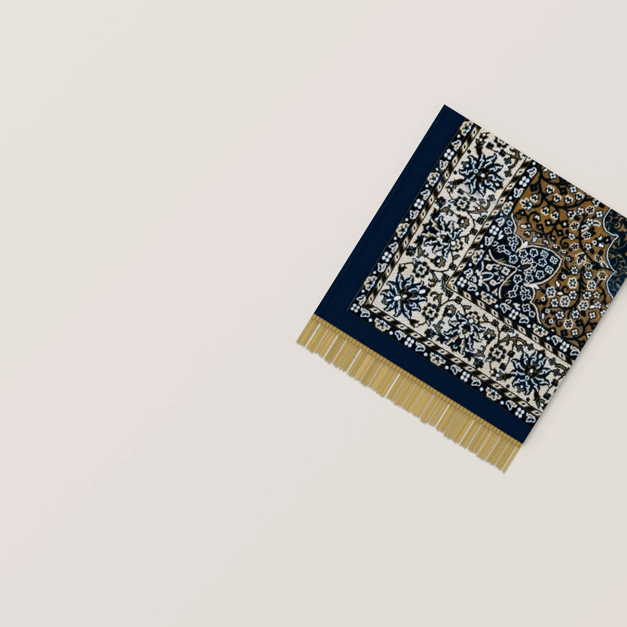 The Saffron Medallion: ochre field with a navy scalloped medallion, a cream border of blue flowers and a navy edge, corner laid flat.