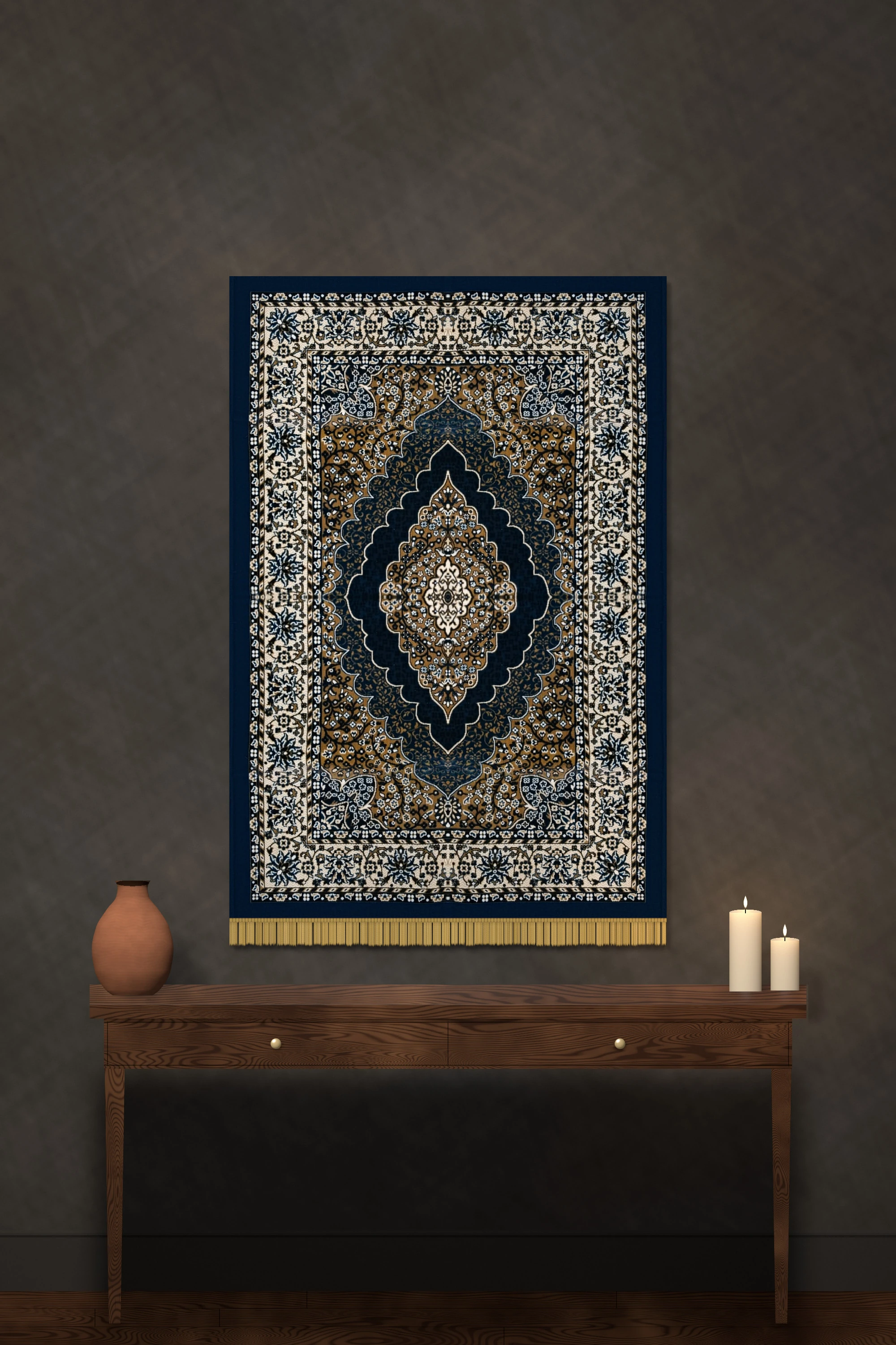 The Saffron Medallion: ochre field with a navy scalloped medallion, a cream border of blue flowers and a navy edge, hung above a console table, shown floor to ceiling for size.